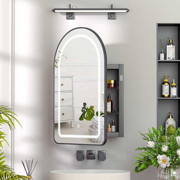 Hironpal Medicine Cabinet with Mirror,20" x 31" Arched Bathroom Mirror Cabine with 3-Color Light,Recessed/Wall Mounted,Black