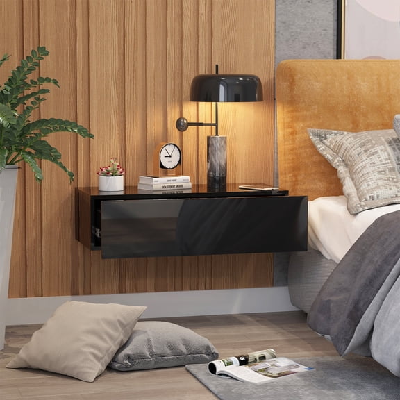 Hironpal Modern Floating Nightstand, Wall Mounted Nightstand with Drawer, Wood Beside Table for Bedroom, Black