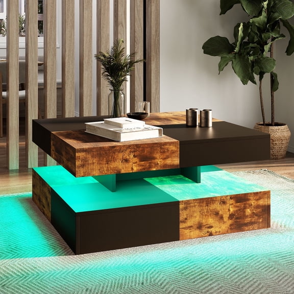 Hironpal Modern Rustic Brown Square LED Coffee Table - 2-Tier Storage, 16-Color LED Light, Contemporary Cocktail Tea Table for Home Office Reception
