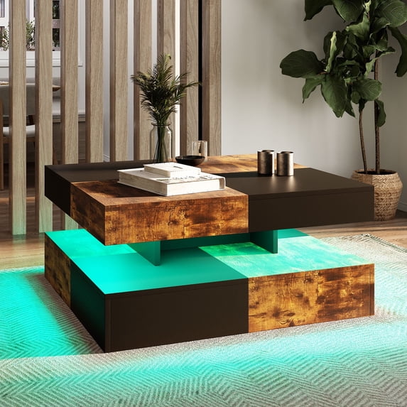 Hironpal Modern Rustic Brown Square LED Coffee Table - 2-Tier Storage, 16-Color LED Light, Contemporary Cocktail Tea Table for Home Office Reception