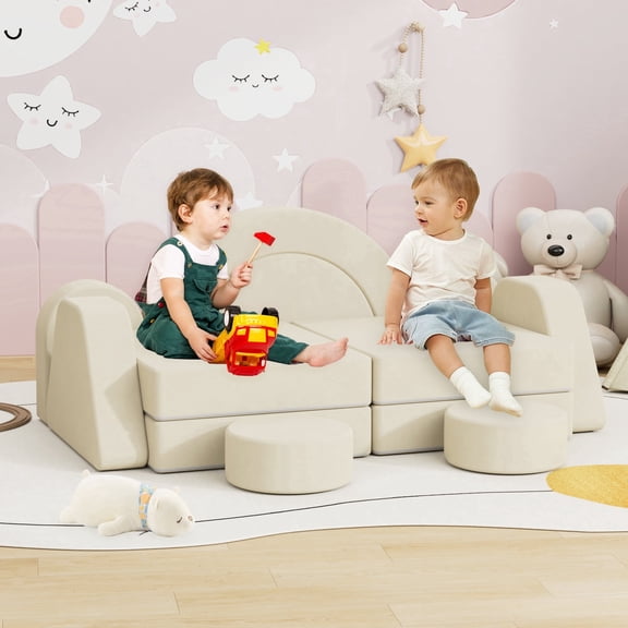 Hironpal Modular Kids Play Couch,12 PCS DIY Creativing Kids Couch for Boys & Girls,Foam Toddler Sofa for Playroom,Two-Seater Sofa,Beige