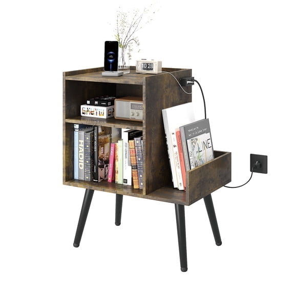 Hironpal Record Player Stand, 2-Tier Turntable Stand with Storage,End Table with Power Outlet,Rustic Brown