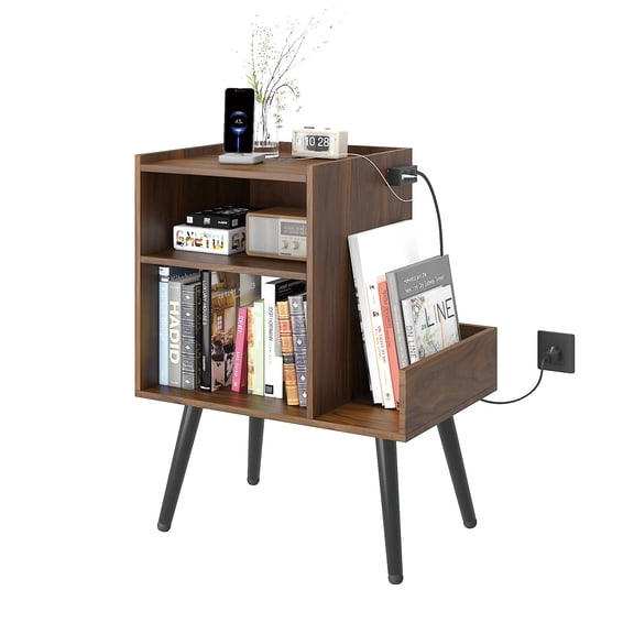 Hironpal Record Player Stand, 3-Tier Turntable Stand with Storage,End Table with Power Outlet,Walnut