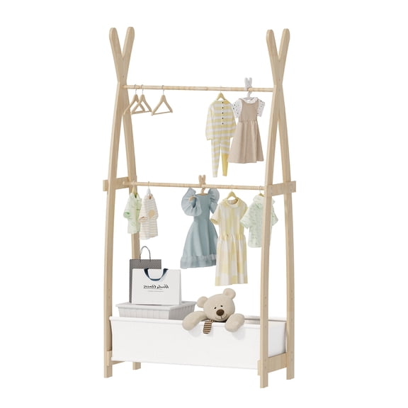 Hironpal Small Kids Clothing Rack,Tall Wooden Garment Rack with Storage Bin for Bedroom,Natural Wood