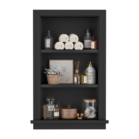 Hironpal Solid Wood Recessed Medicine Cabinet,14" x 24" Recessed Wall Niche for Bathroom,3 Tier,Black