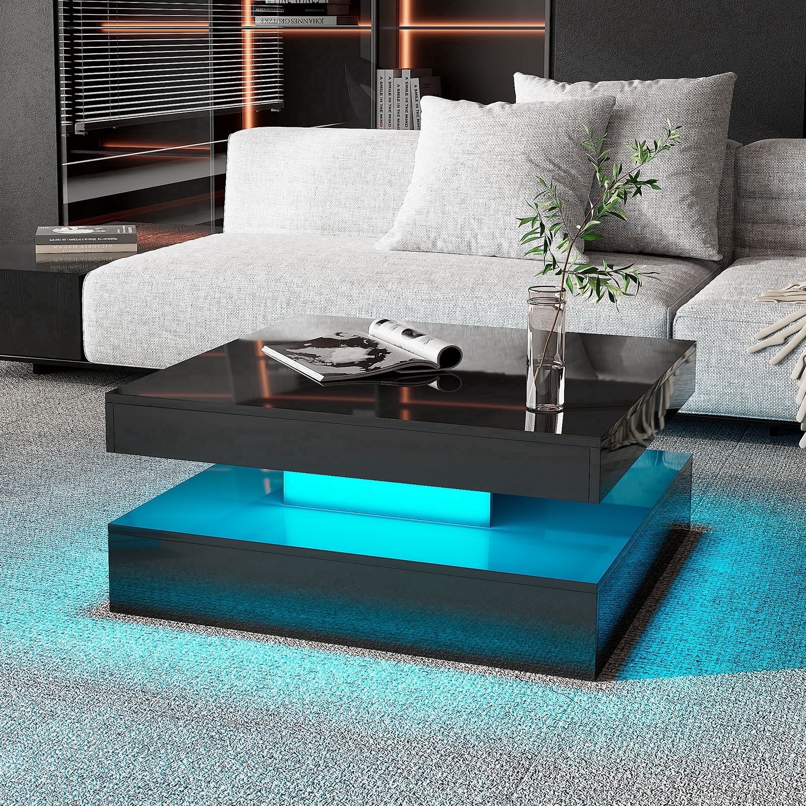 Hironpal Sturdy LED Coffee Table, 2-Tier Square Coffee Table High Gloss Minimalist Design with Plug-in 16-Color LED Light for Home Office Reception Room, Black