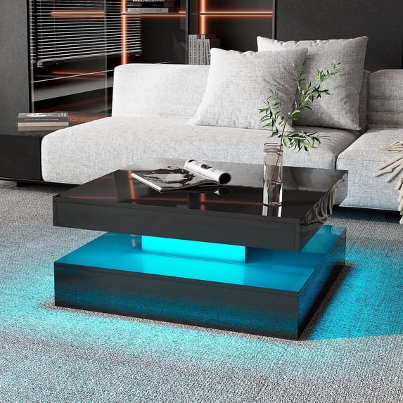 Hironpal Sturdy LED Coffee Table, 2-Tier Square Coffee Table High Gloss Minimalist Design with Plug-in 16-Color LED Light for Home Office Reception Room, Black