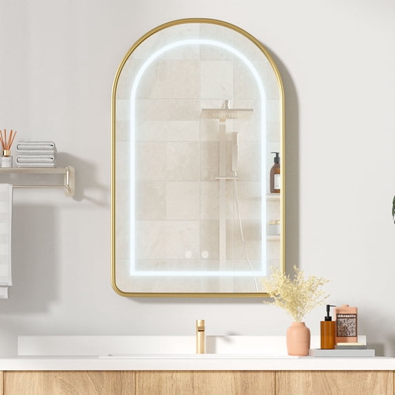Hironpal Vintage-Style Illuminated Medicine Cabinet with Storage,Bathroom Storage Cabinet with 20"x 32" Metal Frame Arched Mirror,Recessed or Surface Mount
