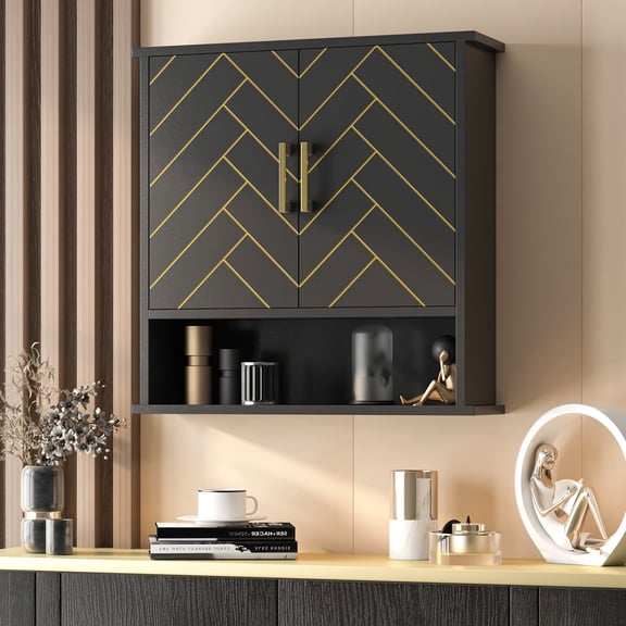 Hironpal Wall Mounted Bathroom Cabinet Storage with Open Shelf,Over the Toilet Cabinet for Bathroom,Chevron Pattern,Black