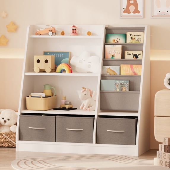 Hironpal Wood Kids Sling Bookshelf,Children Toy Storage Organizer Cabinet with 3 Cube Bins Fabric Drawers for Playroom Bedroom Nursery School