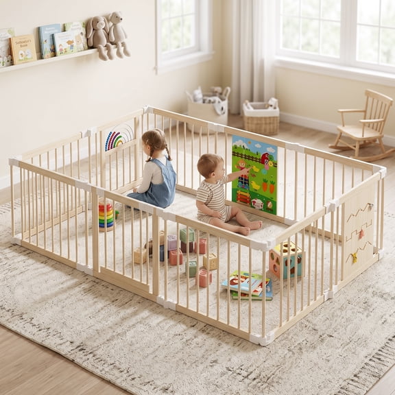 Hironpal Wooden Baby Playpen Playard, Foldable 10-Panel Montessori Play Yard with Gate, 79"x54"x24",Natural