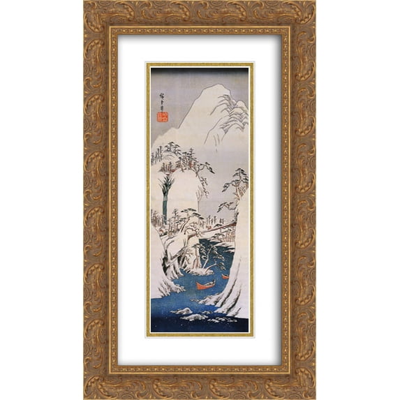 Hiroshige 2x Matted 14x24 Gold Ornate Framed Art Print 'A snowy gorge'