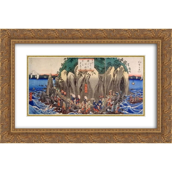 Hiroshige 2x Matted 24x16 Gold Ornate Framed Art Print 'Pilgrimage to the Cave Shrine of Benzaiten'