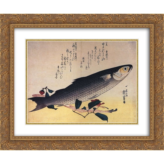 Hiroshige 2x Matted 24x20 Gold Ornate Framed Art Print 'Grey mullet and camellia'