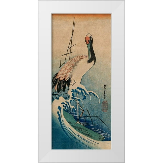 Hiroshige, Ando 16x32 White Modern Wood Framed Museum Art Print Titled - Crane in Waves, 1833