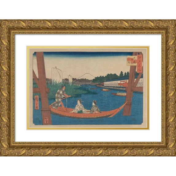 Hiroshige, Ando 18x13 Gold Ornate Wood Framed with Double Matting Museum Art Print Titled - Island bridge in Mitsumata (Ohashi nakazu mitsumata), 1854