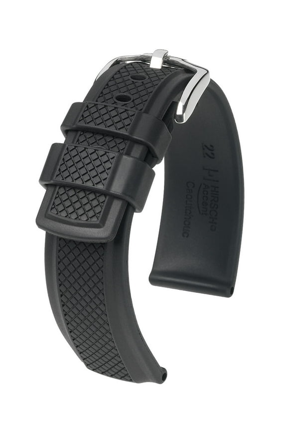 Accent Caoutchouc Watch Strap - Black - L - 20mm / 18mm - Shiny Silver Buckle - Premium Caoutchouc Band