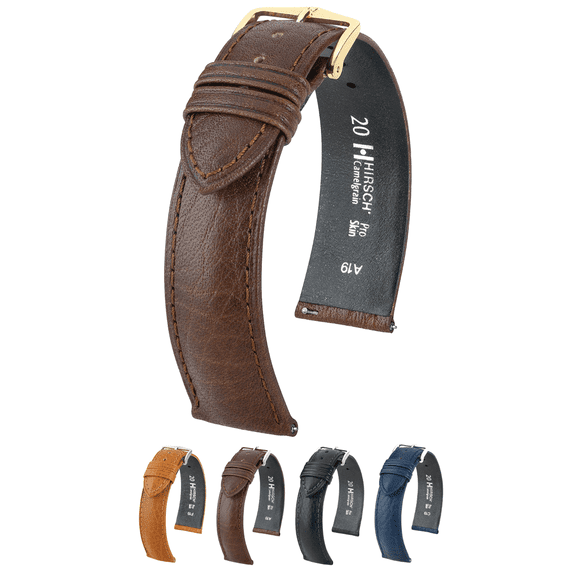 Hirsch Camelgrain Pro Skin Leather Watch Strap - Dark Brown - M - 16mm - Gold Buckle