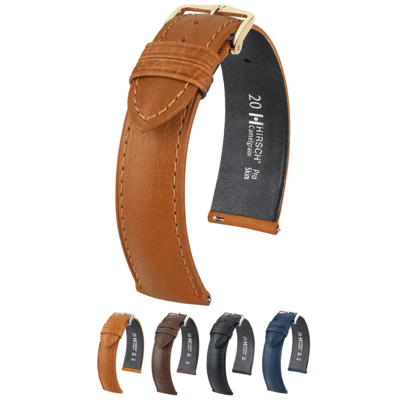 Hirsch Camelgrain Pro Skin Leather Watch Strap - Honey - M - 14mm - Gold Buckle