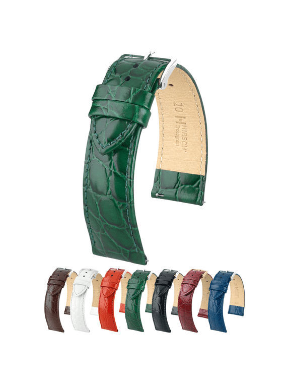 Crocograin Bonded Leather Watch Strap - Green - M - 20mm - Silver Buckle