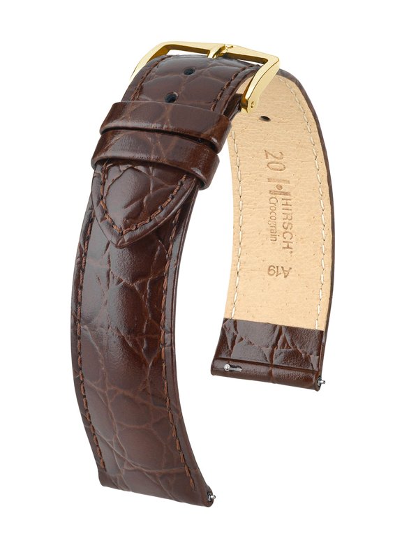 Crocograin Leather Watch Strap - Brown - L - 16mm / 14mm - Shiny Gold Buckle - Bonded Crocodile Leather Band
