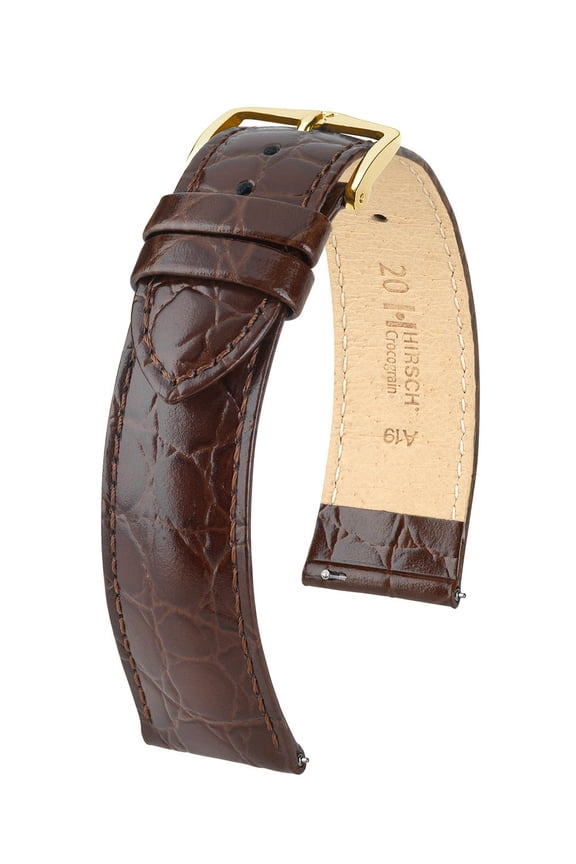 Crocograin Leather Watch Strap - Brown - L - 16mm / 14mm - Shiny Gold Buckle - Bonded Crocodile Leather Band