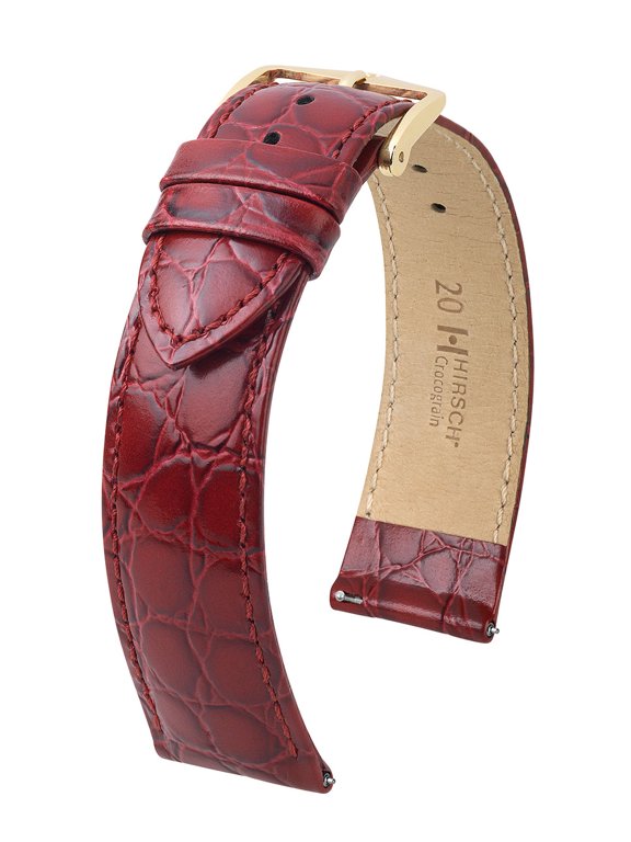Crocograin Leather Watch Strap - Burgundy - M - 18mm / 16mm - Shiny Gold Buckle - Bonded Crocodile Leather Band