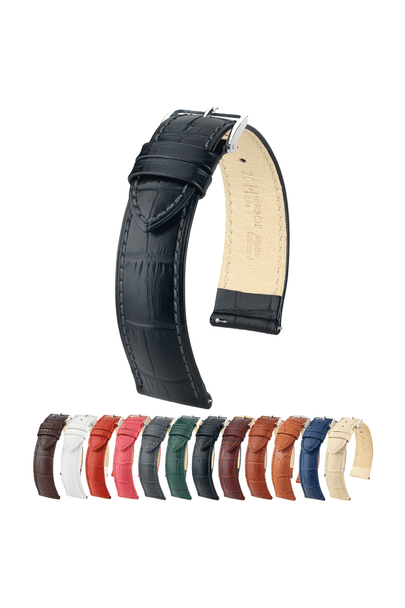 Duke Alligator-Design Leather Watch Strap - Black - L - 18mm - Silver Buckle