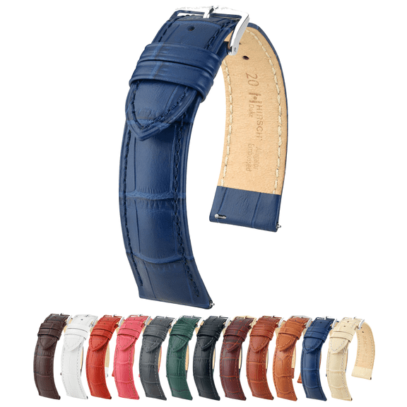 Hirsch Duke Alligator-Design Leather Watch Strap - Blue - L - 22mm - Silver Buckle