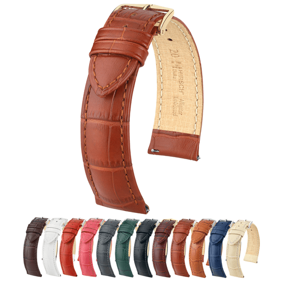 Hirsch Duke Alligator-Design Leather Watch Strap - Golden Brown - M - 16mm - Gold Buckle