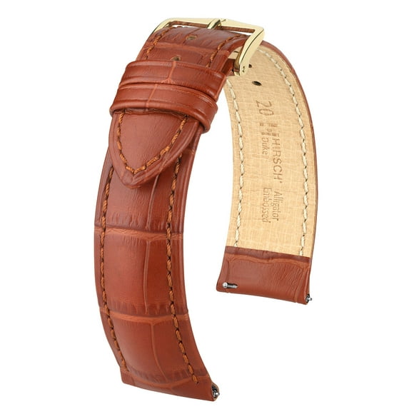 Hirsch Duke Alligator Grain Leather Watch Strap - Golden Brown - M - 17mm - Gold Buckle