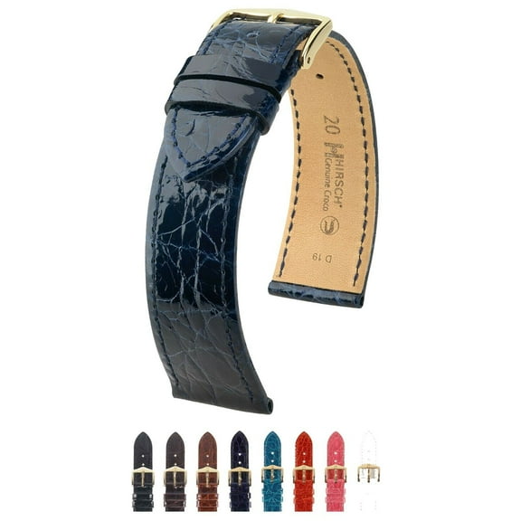 Hirsch Genuine Croco Leather Watch Strap - Polished Blue - M - 12mm - Shiny Gold Buckle - Caiman Crocodile Leather Band