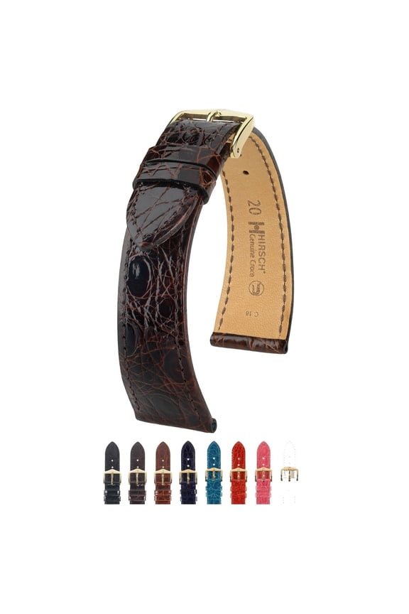 Genuine Croco Leather Watch Strap - Polished Brown - M - 20mm - Shiny Gold Buckle - Caiman Crocodile Leather Band