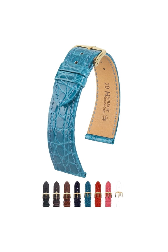 Genuine Croco Leather Watch Strap - Polished Turquoise - M - 15mm - Shiny Gold Buckle - Caiman Crocodile Leather Band