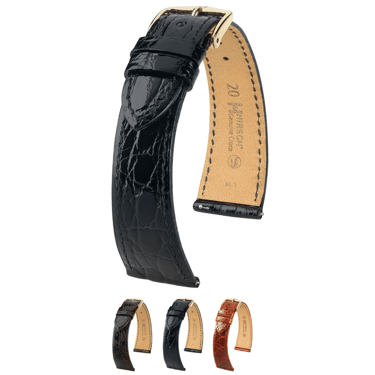 Hirsch Genuine Crocodile Leather Watch Strap Black M 18mm Gold Buckle