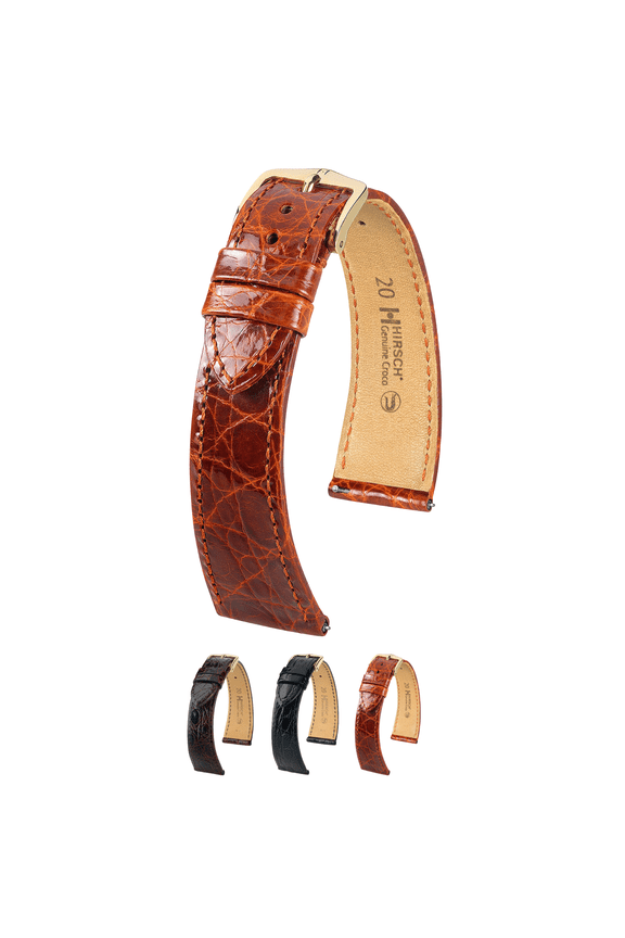 Genuine Crocodile Leather Watch Strap - Golden Brown - M - 18mm - Gold Buckle