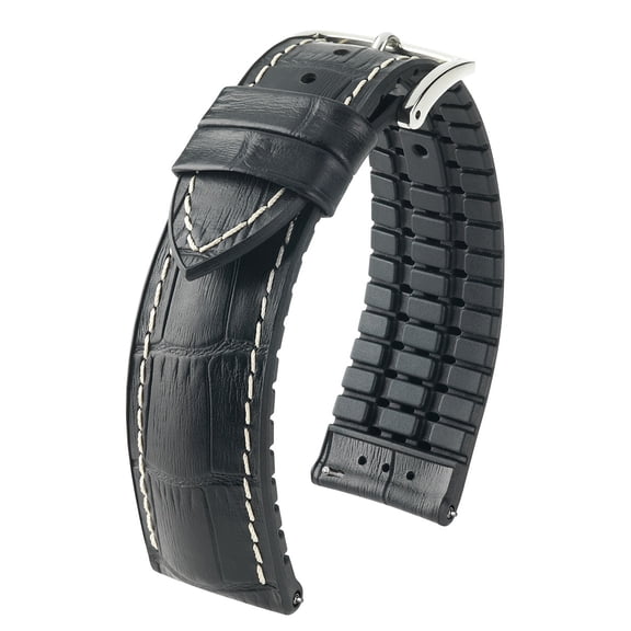 Hirsch George Leather Watch Strap - Black - L - 22mm - Silver Buckle - Embossed Calf Leather