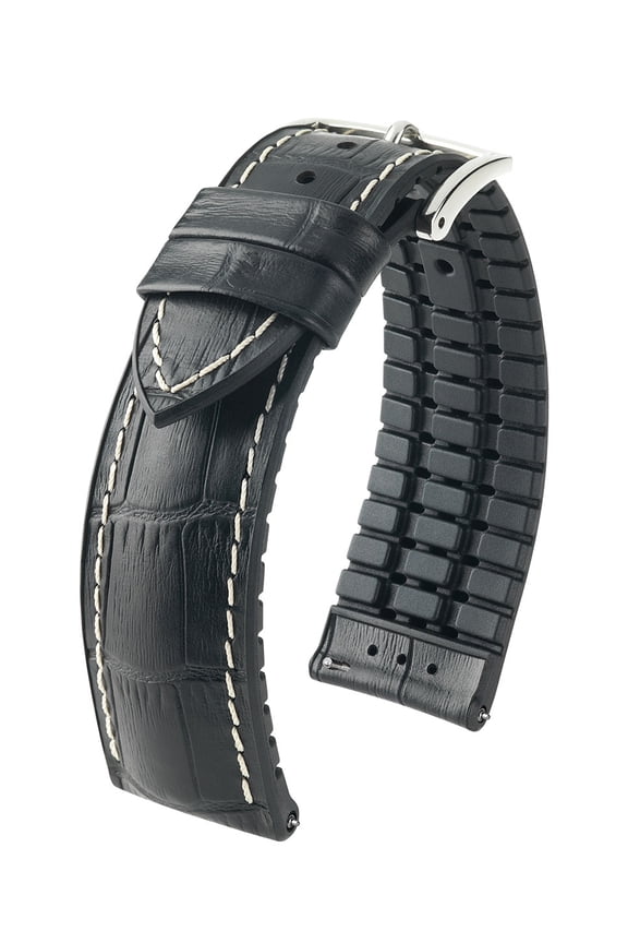 George Leather Watch Strap - Black - L - 22mm - Silver Buckle - Embossed Calf Leather