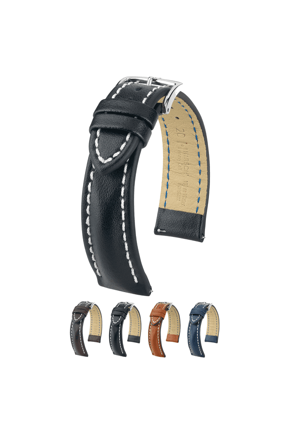 Heavy Calf Leather Watch Strap - Black - L - 26mm - Silver Buckle - Water Resistant