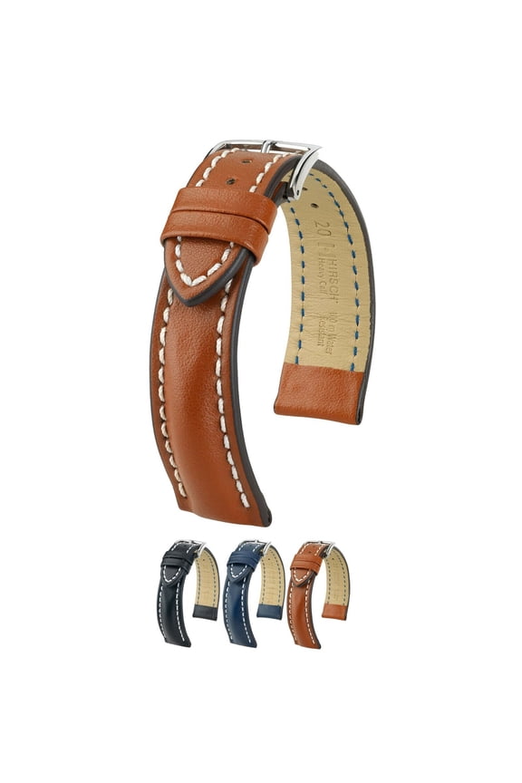 Heavy Calf Leather Watch Strap - Golden Brown - L - 18mm - Shiny Silver Buckle - Water Resistant Calf Leather Band