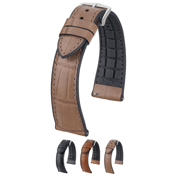 Hirsch Ian Alligator Leather & Rubber Watch Strap - Warm Grey - L - 20mm - Silver Buckle