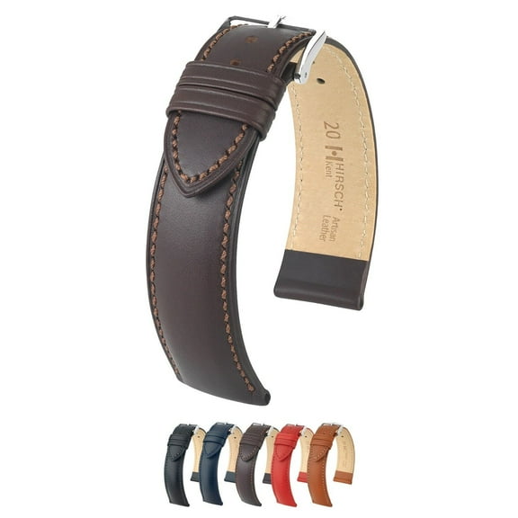 Hirsch Kent Leather Watch Strap - Brown - L - 18mm - Shiny Silver Buckle - Artisan Calf Leather Band