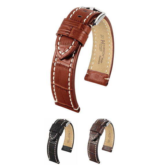 Hirsch Knight Alligator-Design Genuine Leather Watch Strap - Golden Brown - L - 28mm