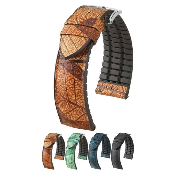 Hirsch Leaf Vegan Leather Watch Strap - Brown - L - 20mm - Silver Buckle - Natural Rubber