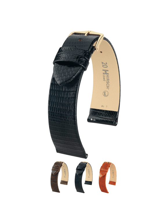 Lizard Leather Watch Strap - Black - M - 12mm - Gold Buckle