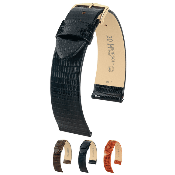 Hirsch Lizard Leather Watch Strap - Black - M - 14mm - Gold Buckle