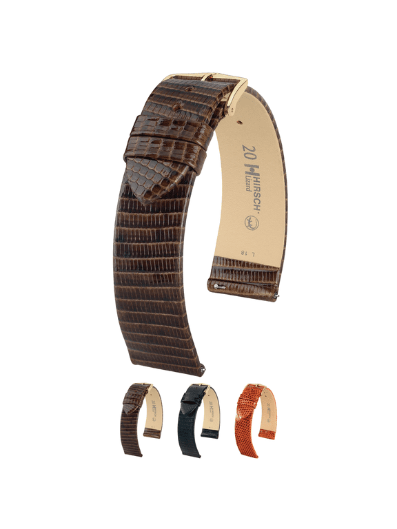Lizard Leather Watch Strap - Brown - L - 19mm - Gold Buckle