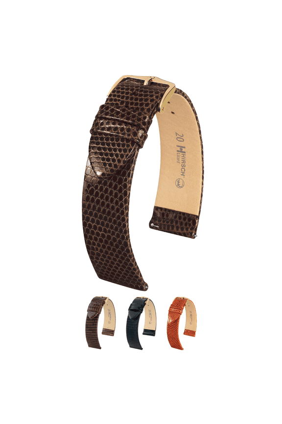 Lizard Leather Watch Strap - Brown - M - 14mm - Gold Buckle
