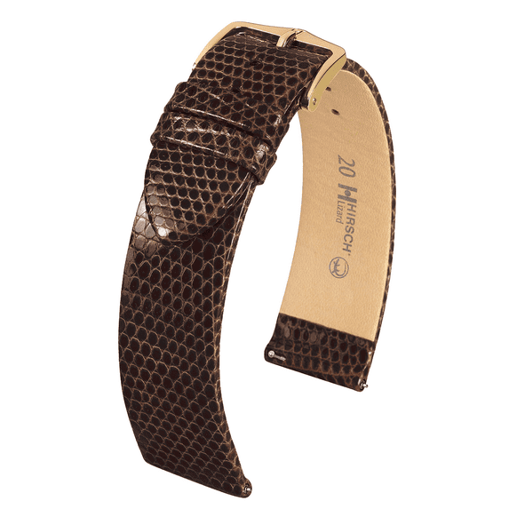Hirsch Lizard Leather Watch Strap - Brown - M - 15mm - Gold Buckle - Lizard Leather Band