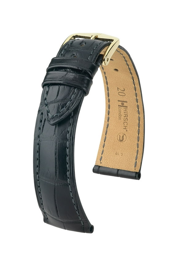 London Alligator Watch Strap - Black - L - 20mm / 16mm - Shiny Gold Buckle - Alligator Leather Band